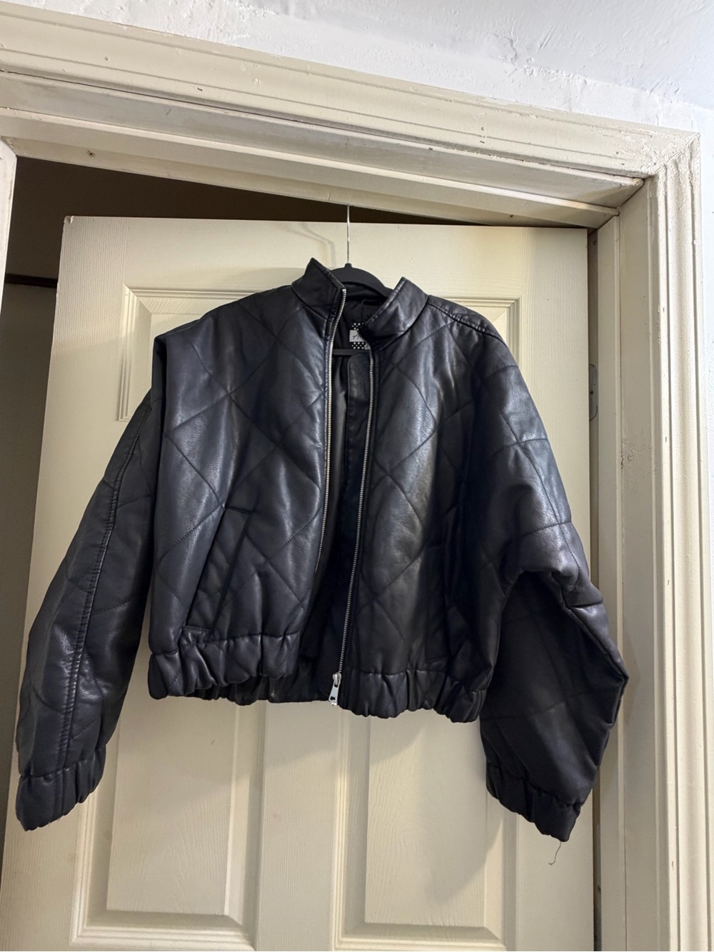 Quilted Black Faux Leather Bomber Jacket - Women